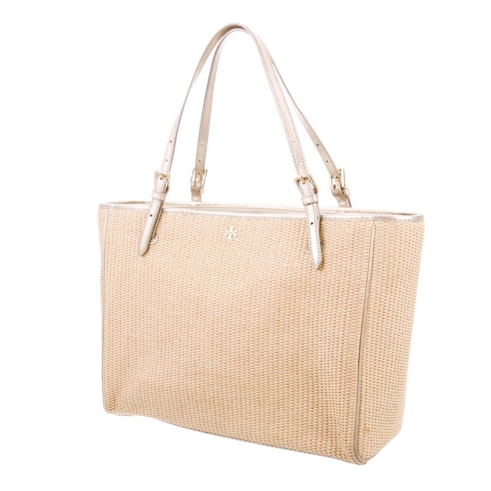 Tory Burch Woven Straw Metallic tote